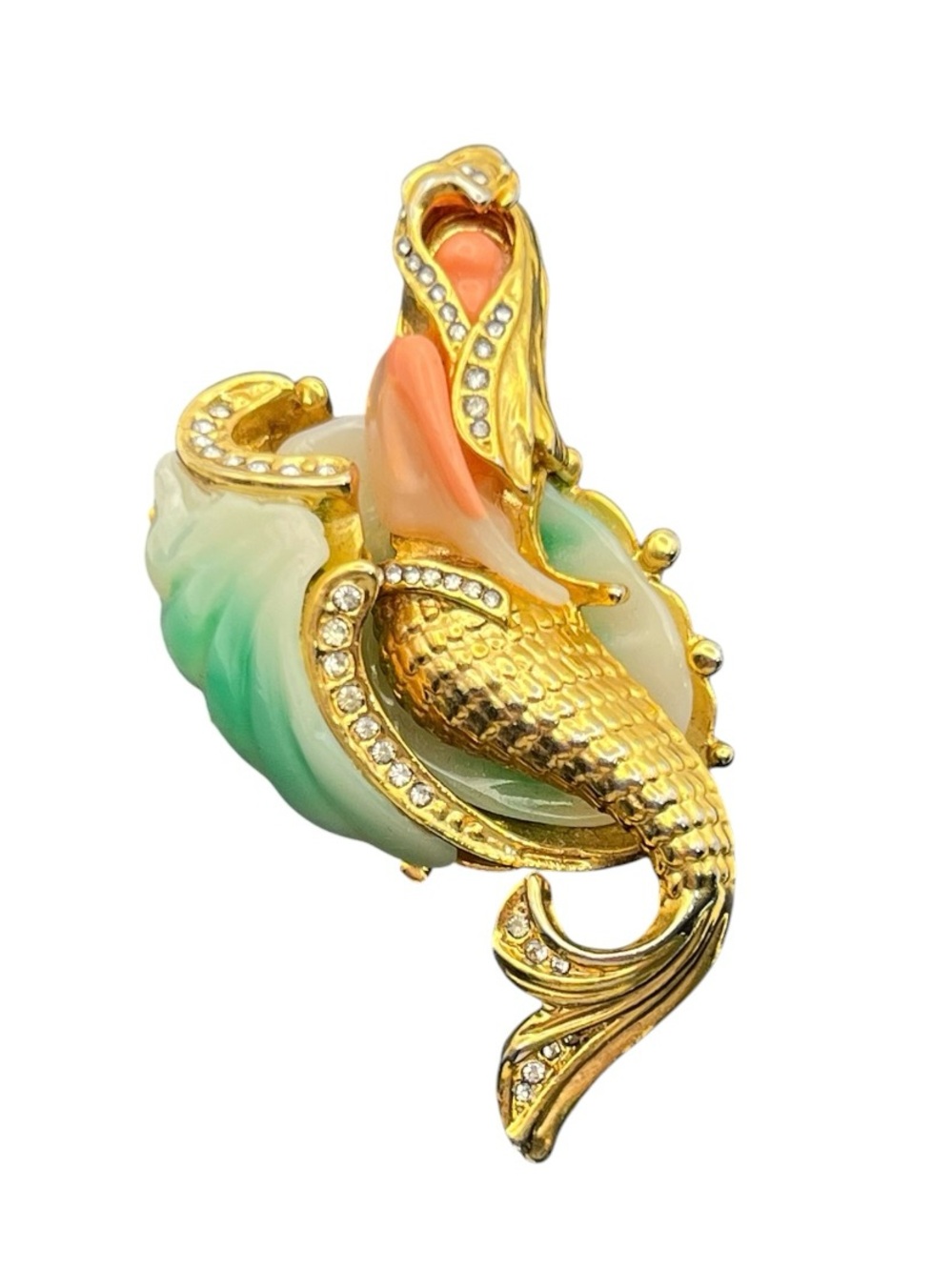 Mermaid faux stone rhinestone gold tone vintage brooch pin green orange